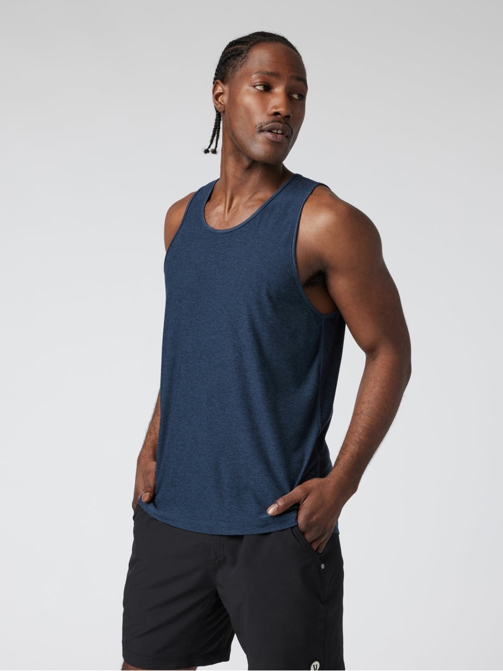 Vuori Strato Tech Tank Navy Heather Soft Performance Knit Sleeveless Workout